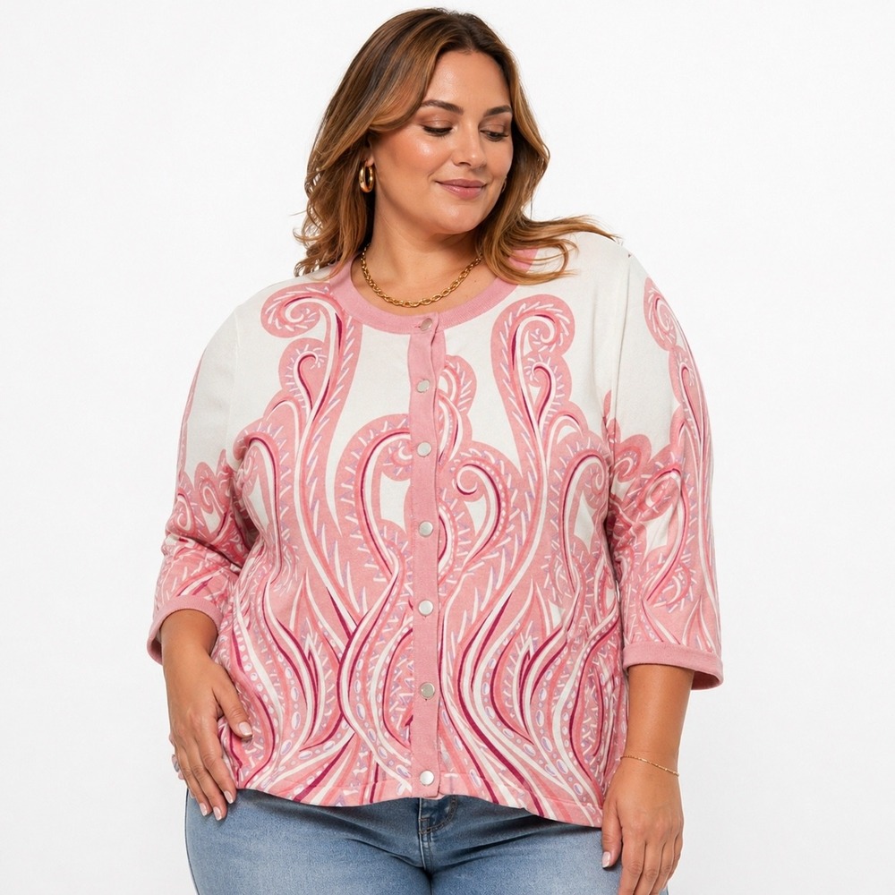 Bob Mackie‎ Wearable Art Pink Paisley Cotton Button Front Cardigan Sweater 1X